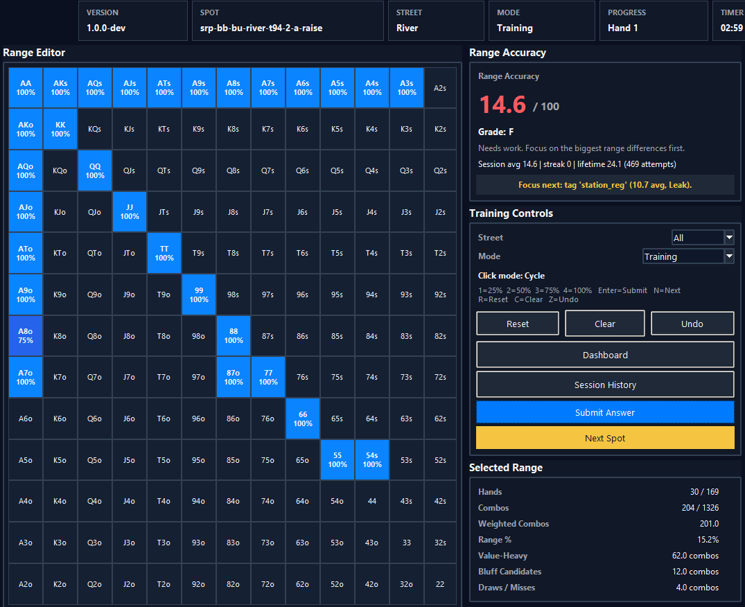 PokerRangeTrainer lesson and pack selection