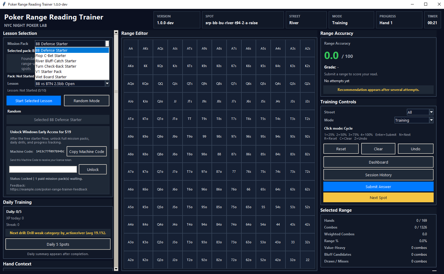 PokerRangeTrainer main training UI